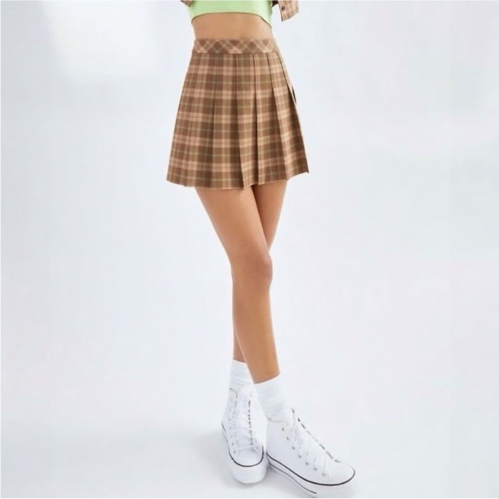 Aritzia Sunday Best Checkered Tan Mini Skirt